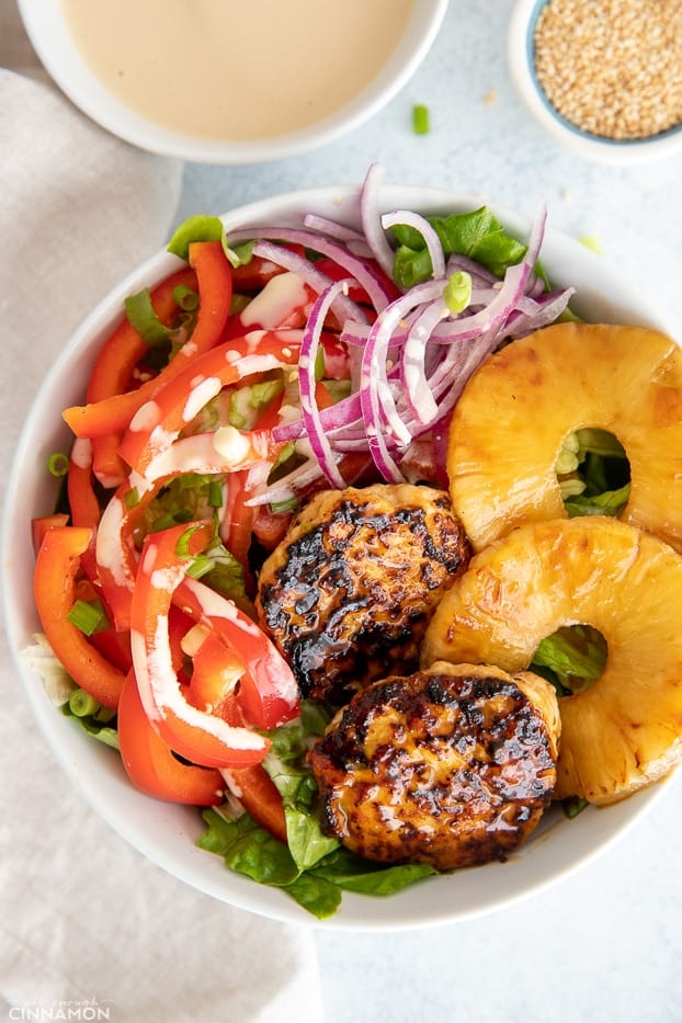 overhead shot of a healthy Hawaiian Chicken Burger Bowl with Chicken patties