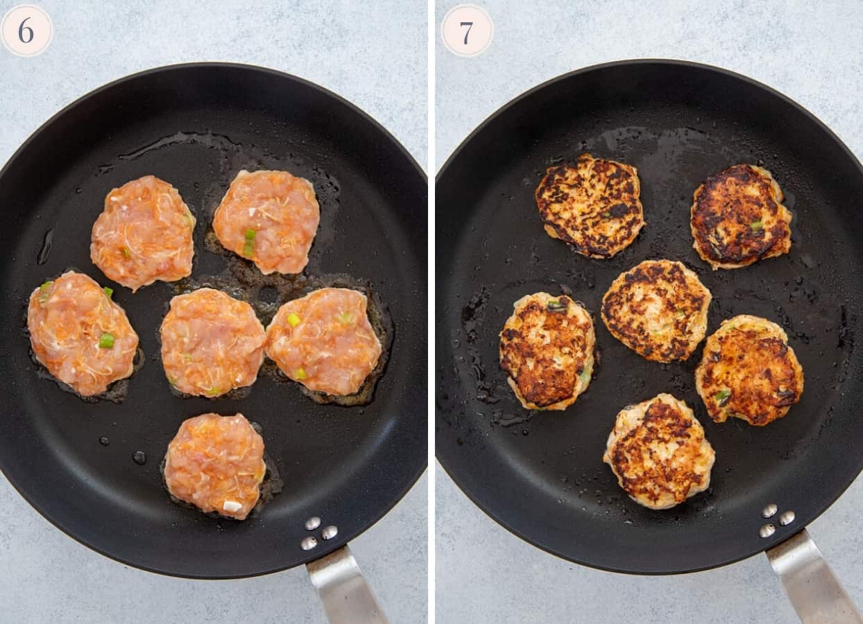 picture collage showing how to fry chicken patties in a pan to make burger bowl recipe