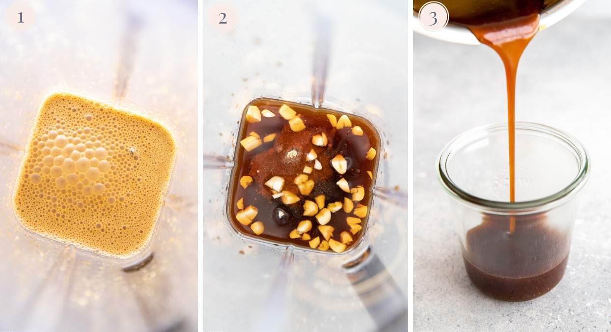 a picture collage showing how to make Whole30 teriyaki sauce in a blender