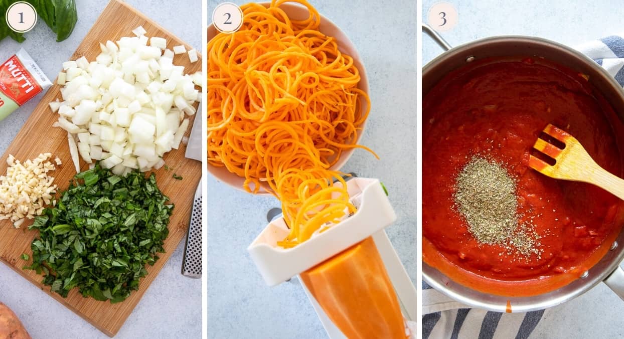 a picture collage demonstrating how to make sweet potato noodles and pasta sauce