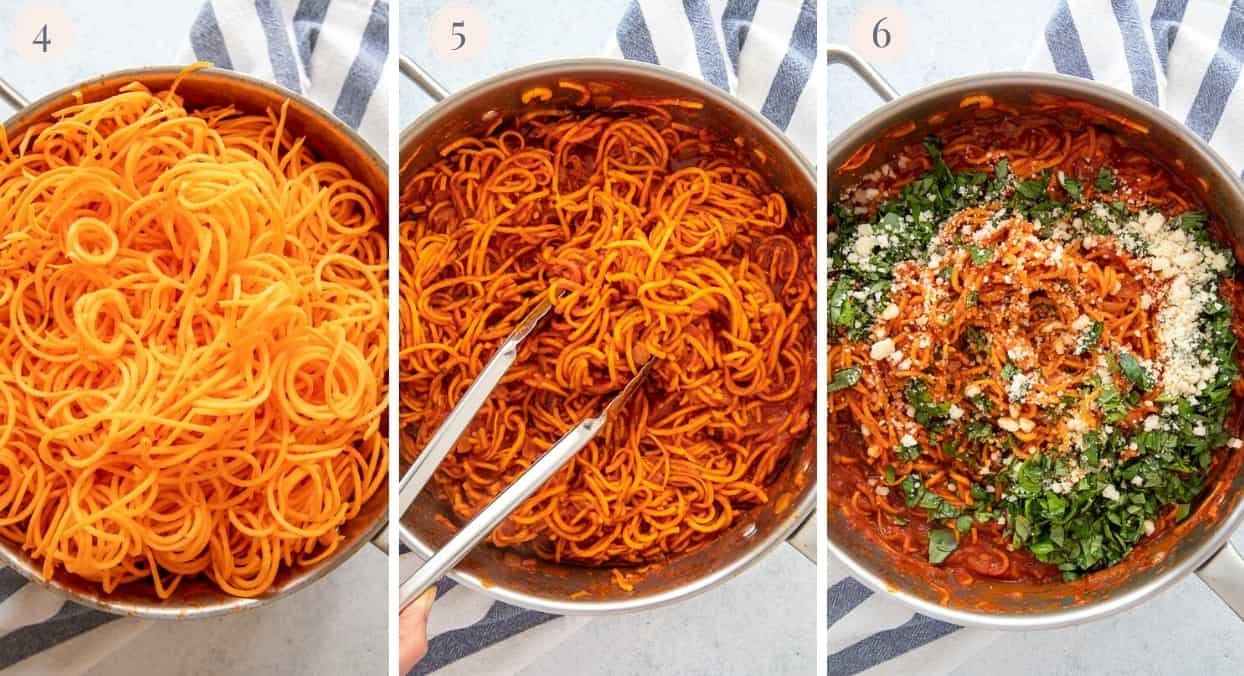 a picture collage demonstrating how to toss sweet potato spaghetti with homemade Italian tomato pasta sauce