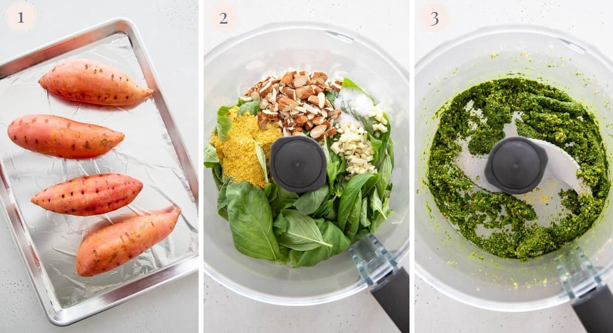 picture collage demonstrating how to make sweet potatoes and make dairy-free pesto in a food processor