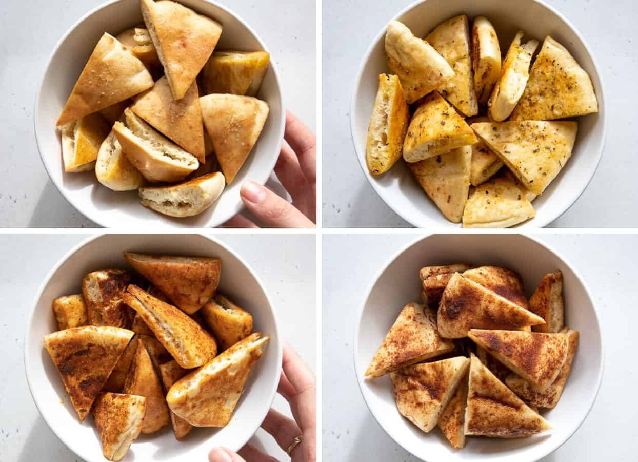 picture collage of different flavor variatieties of homemade baked pita chips in white bowls