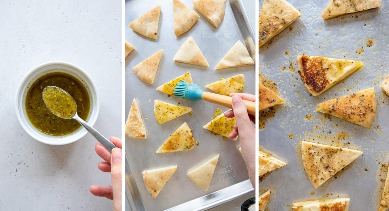 picture collage demonstrating how to make garlic parmesan pita chips