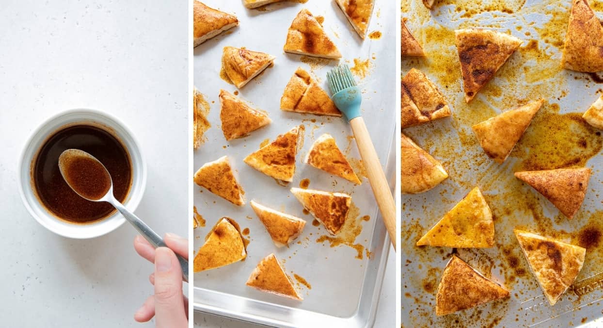 collage showing how to brush pita bread wedges with spiced oil to make spicy baked Stacy's Pita Chips 