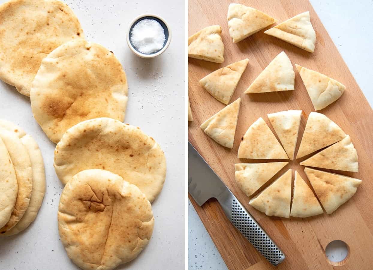 picture collage showing how to cut pita breads into wedges for making pita chips