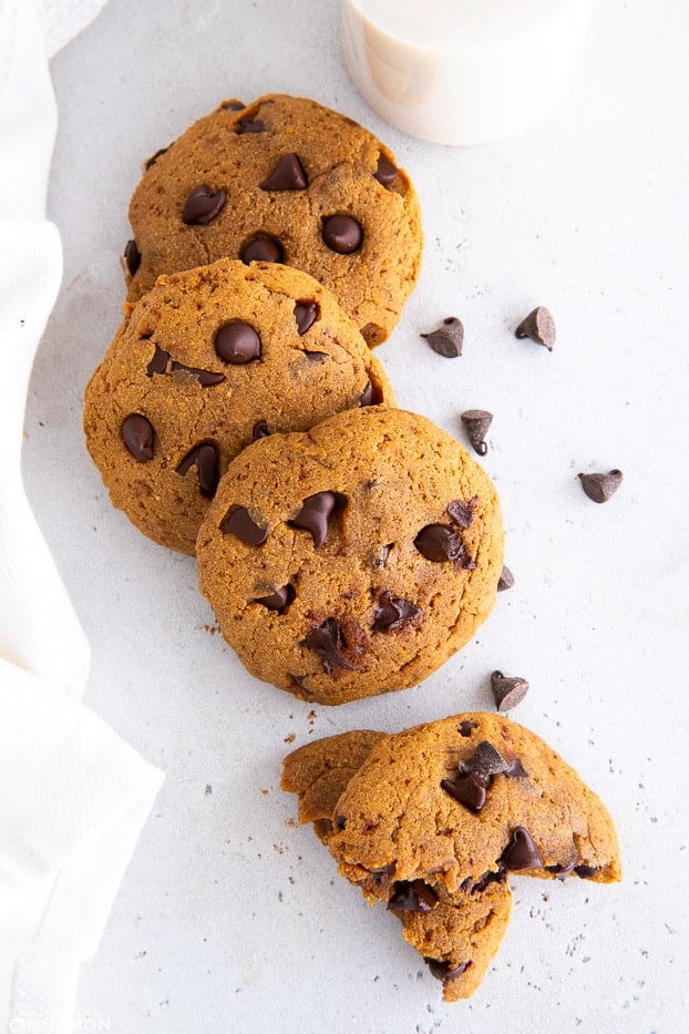 overhead shot of 4 healthy protein chocolate chip cookies made with whey protein powder