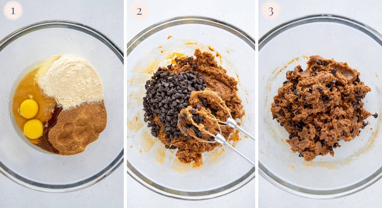 picture collage demonstrating how to make protein cookies with chocolate chips 