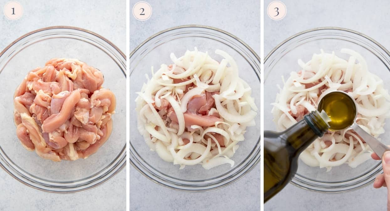 picture collage showing how to marinate chicken breast to make chicken bowl recipe