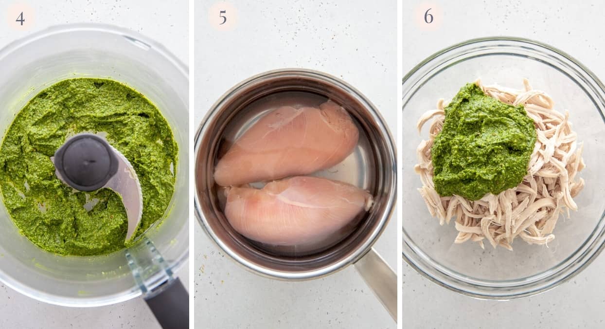 a picture collage demonstrating how to make paleo pesto chicken 