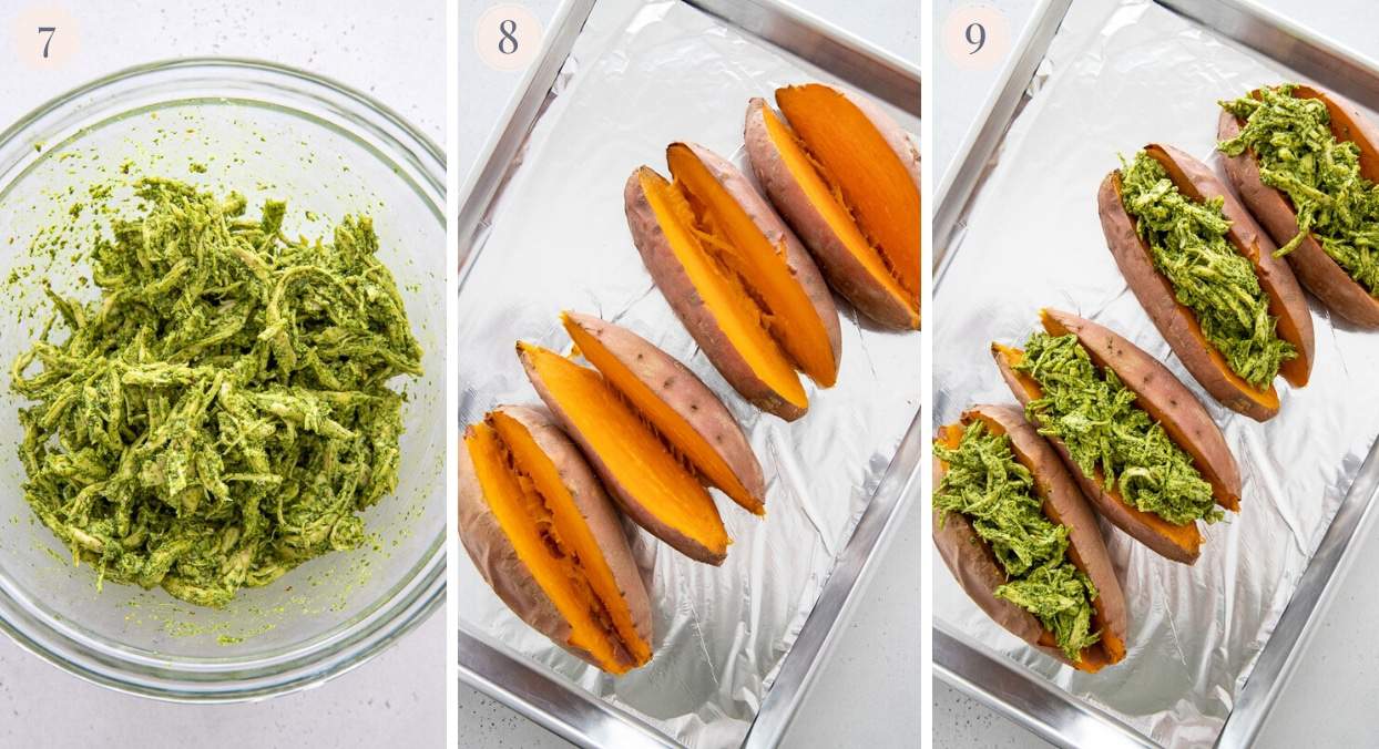 picture collage demonstrating how to stuff baked sweet potatoes with pesto chicken