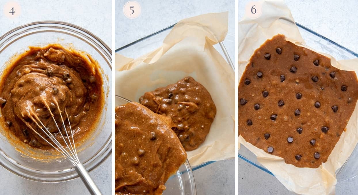 almond butter blondies batter being poured into a baking dish 