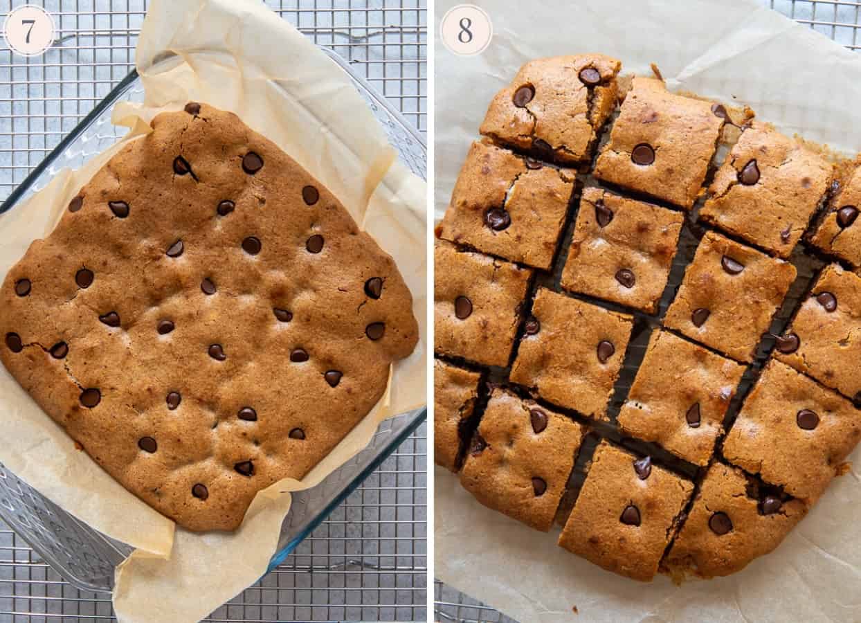 healthy paleo almond butter blondies being cut into squares 