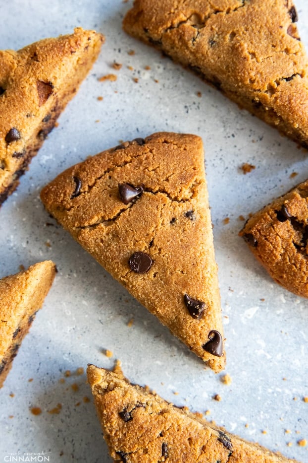 overhead shot of homemade almond flour scones with chocolate chips 