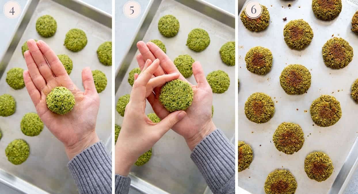 picture collage demonstrating how to shape falafel and bake them on a sheet pan for falafel bowl recipe 