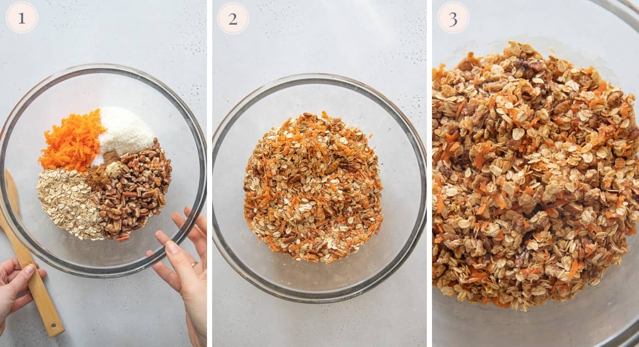 ingredients for making carrot cake granola being mixed in a glass bowl 