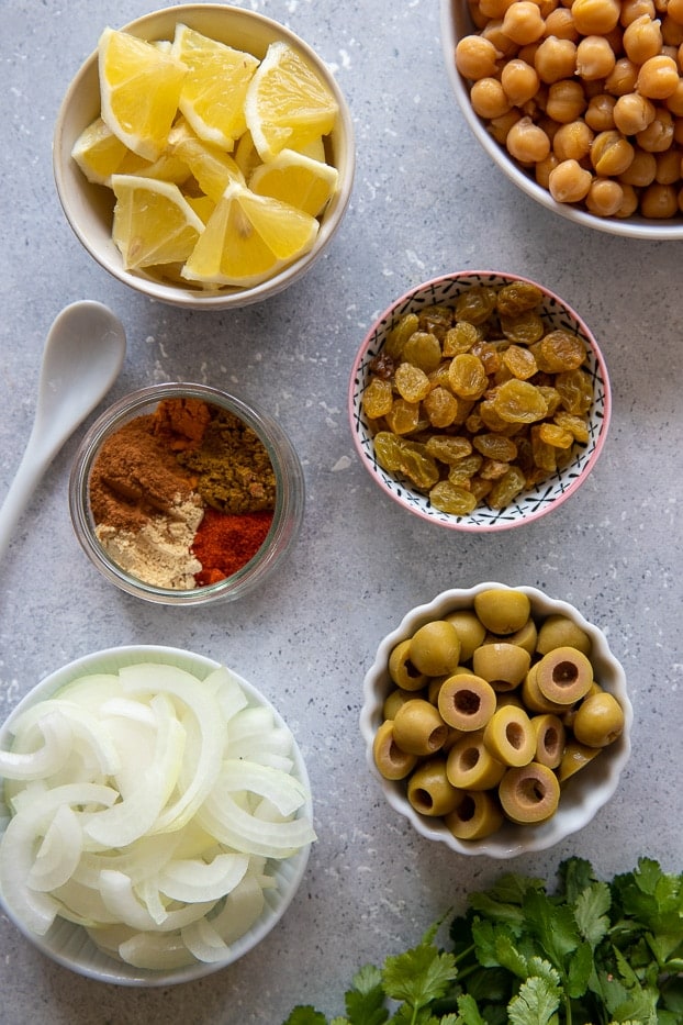 overhead shot of ingredients used for making tagine style One Pot Moroccan chicken stew