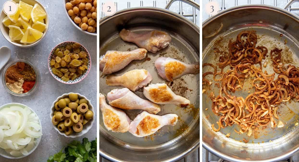 picture collage demonstrating how to fry spices, onion, and chicken drumsticks to make Moroccan chicken tagine