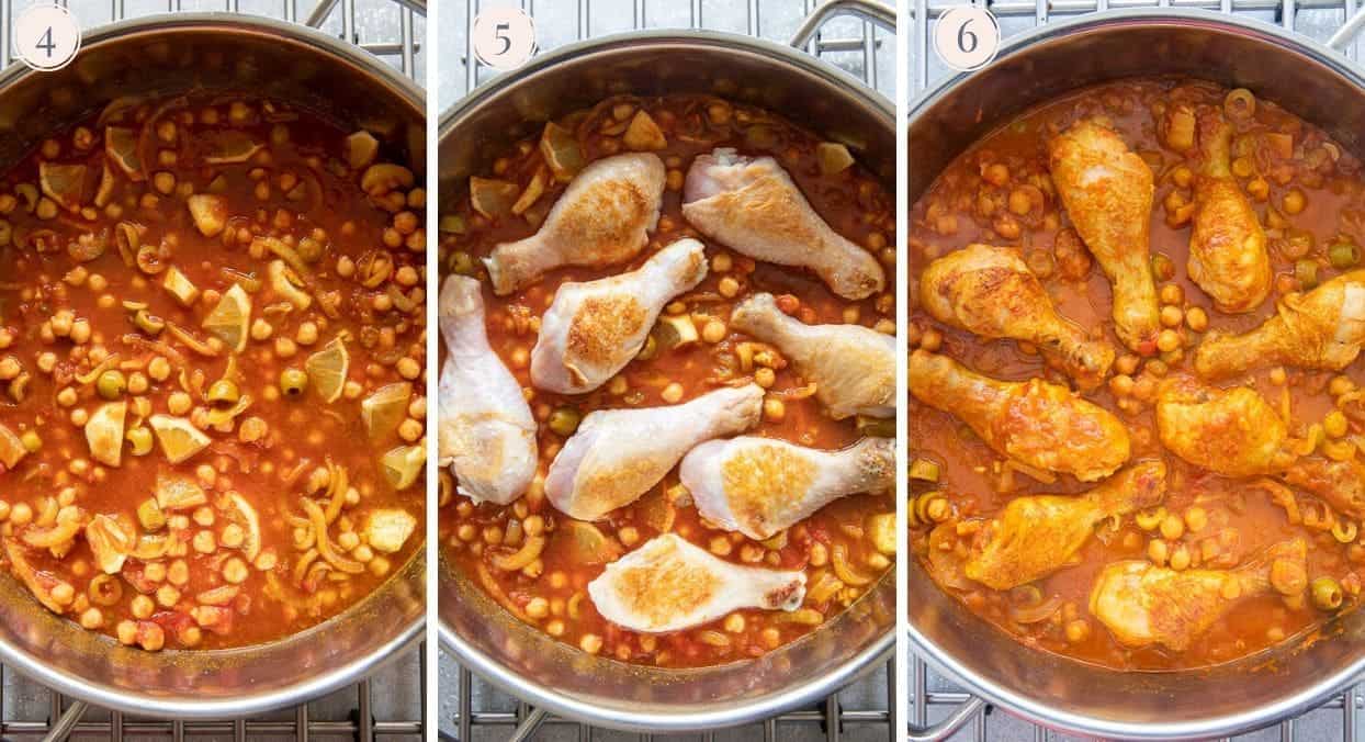 picture collage demonstrating how to make healthy one pot Moroccan chicken stew 