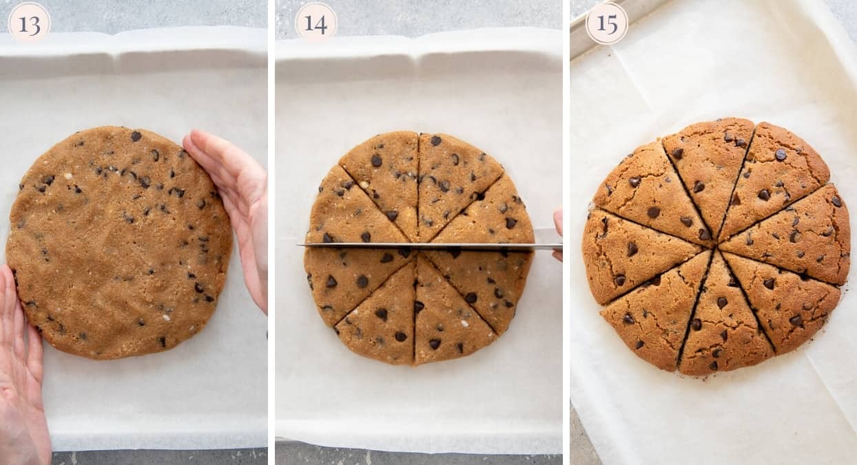 picture collage demonstrating how to cut almond flour scones into wedges 