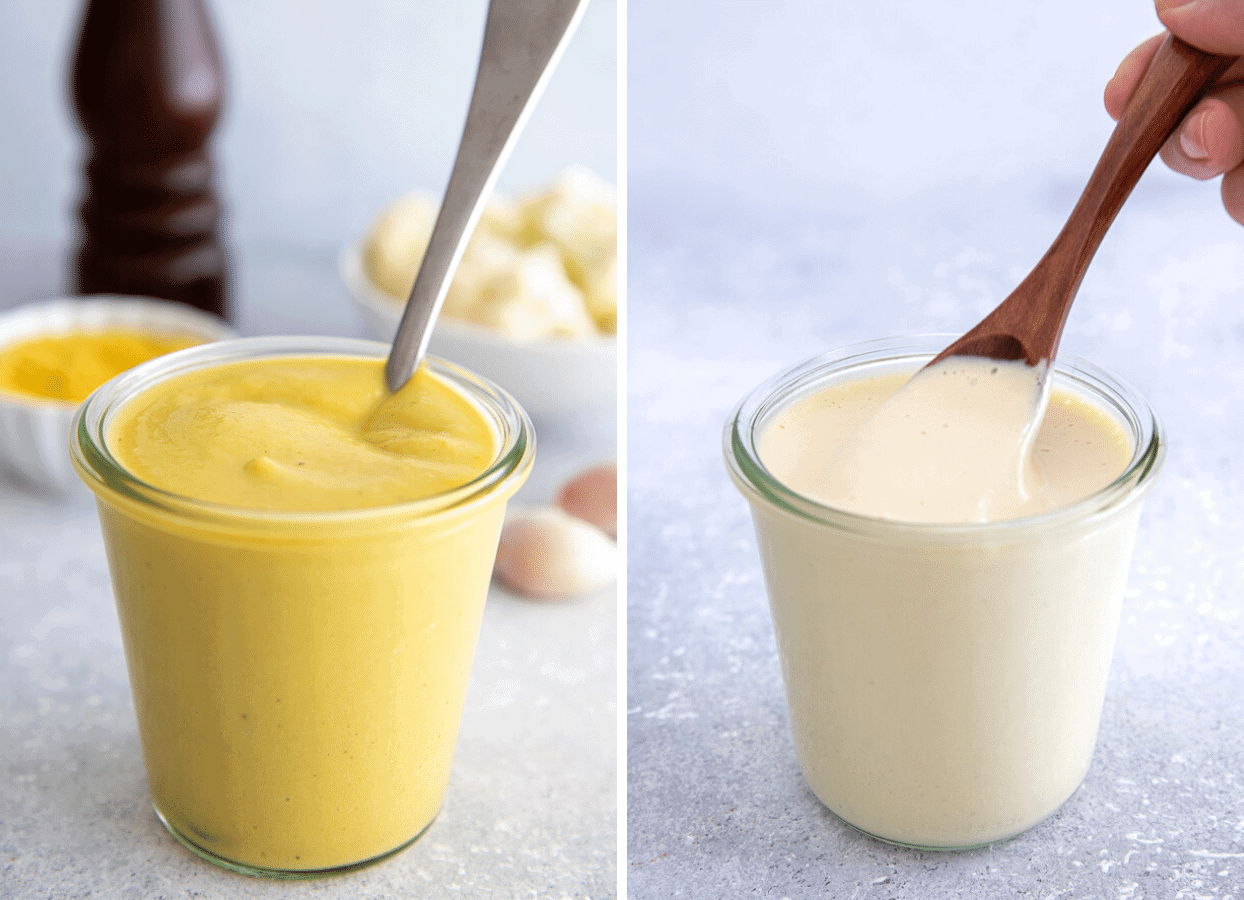 picture collage of each a jar of vegan cashew alfredo sauce and cauliflower alfredo sauce 