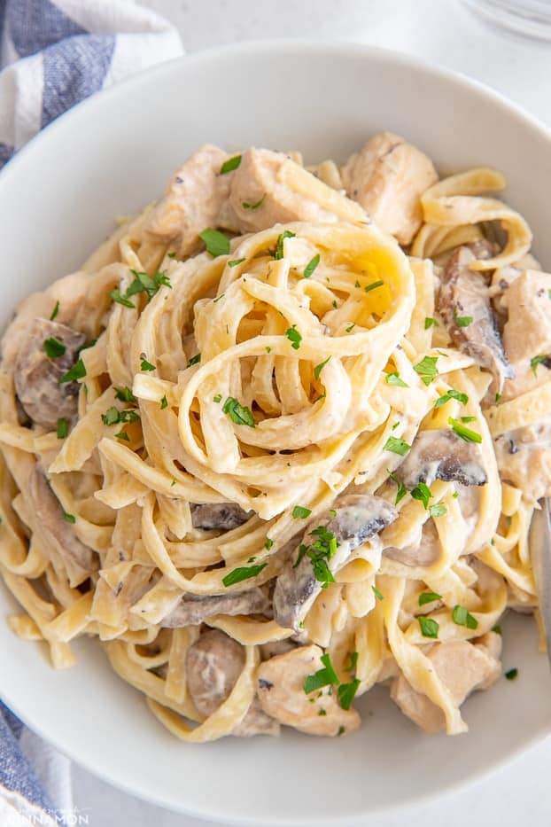 overhead shot of a plate of dairy-free Fettuccine Alfredo Pasta with Chicken and Mushrooms 