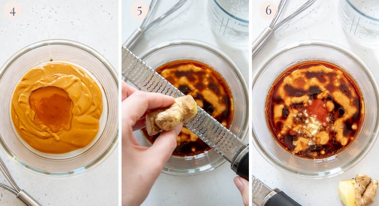 picture collage demonstrating how to make creamy peanut dressing in a small bowl 