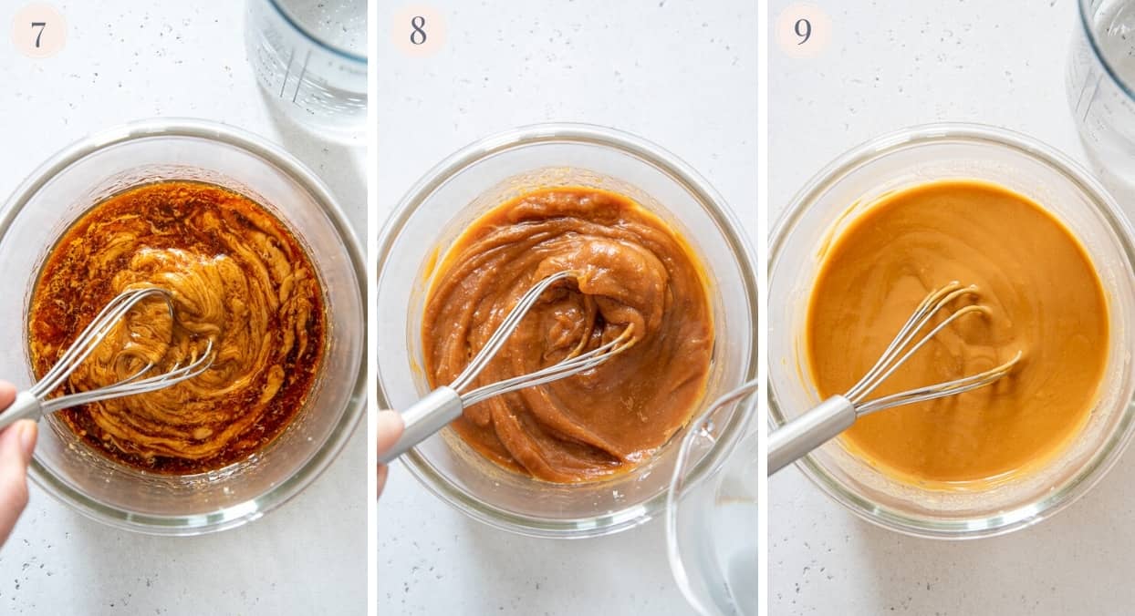 picture collage showing how creamy dairy-free Thai peanut dressing should be stirred with hot water until smooth 