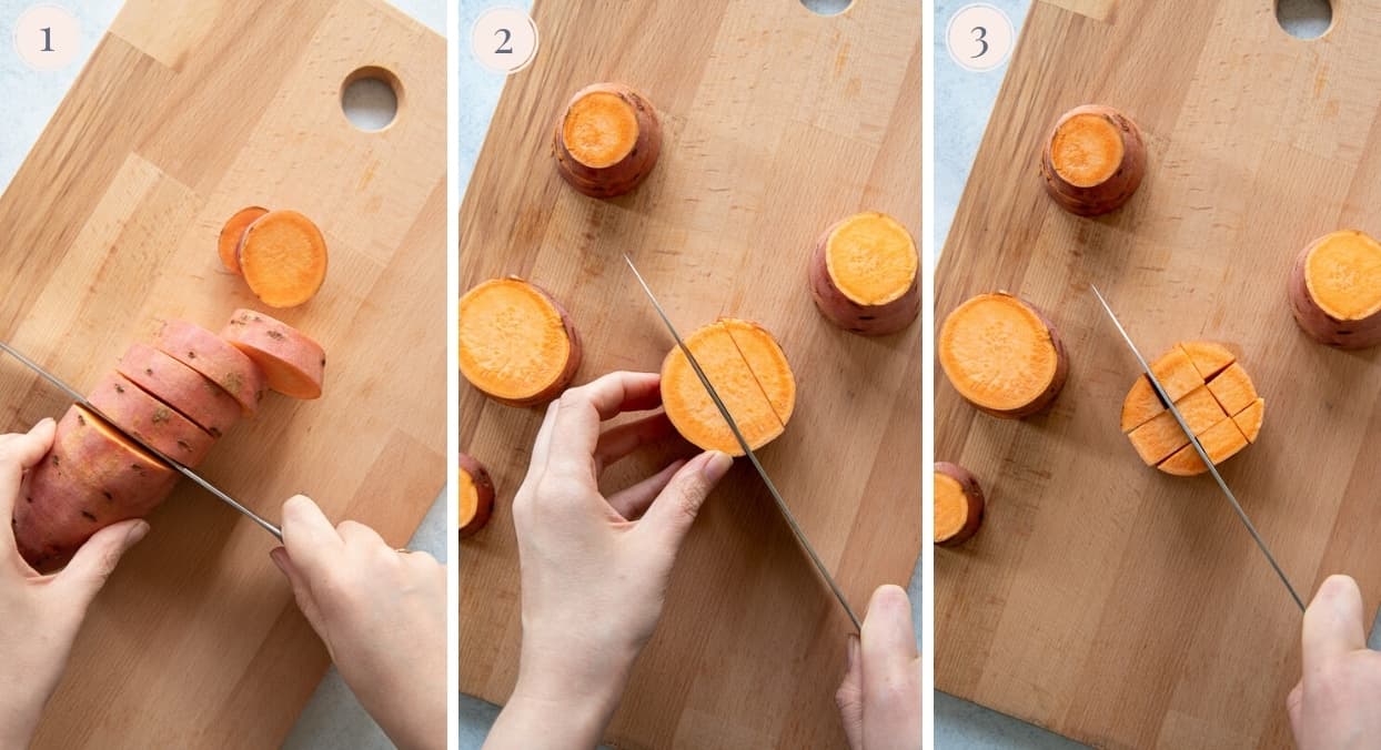 picture collage demonstrating how to cut sweet potatoes for roasting 