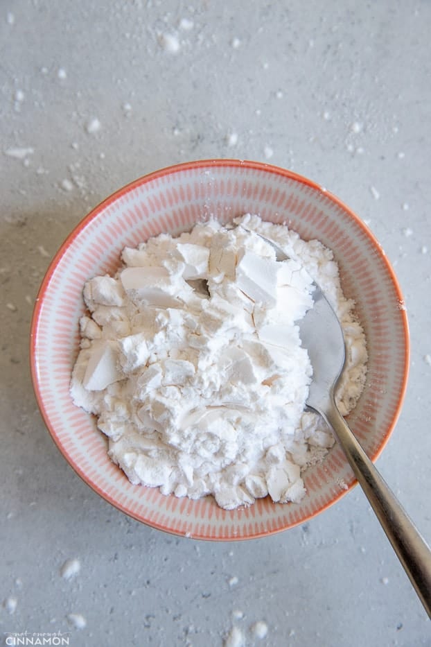 overhead shot of a small bowl with arrowroot starch 