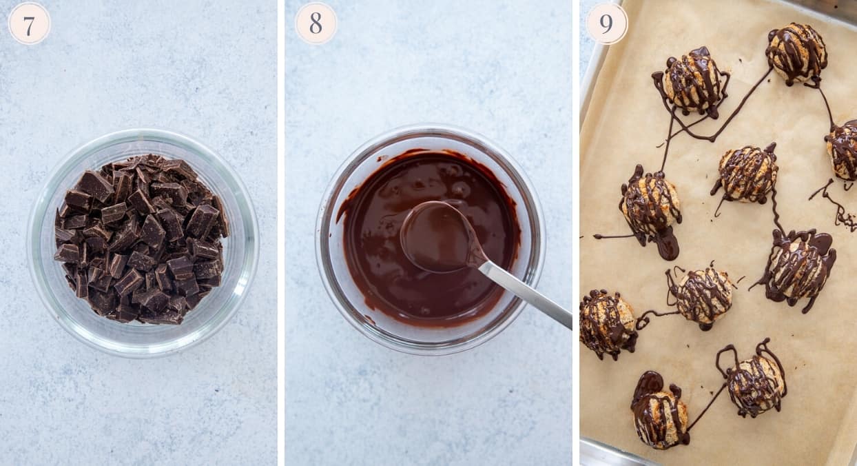 dark chocolate being melted and drizzled on top of healthy coconut macaroons