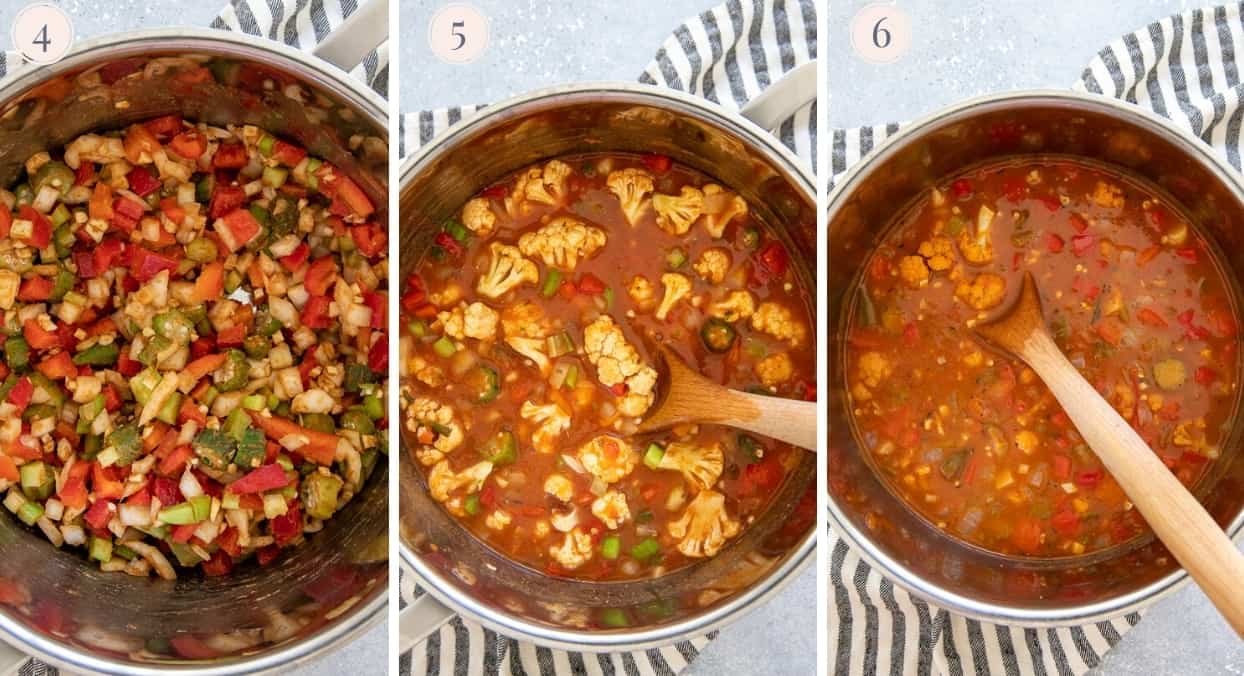 foto galerij van veganistische gumbo die wordt bereid in een zilveren steelpan