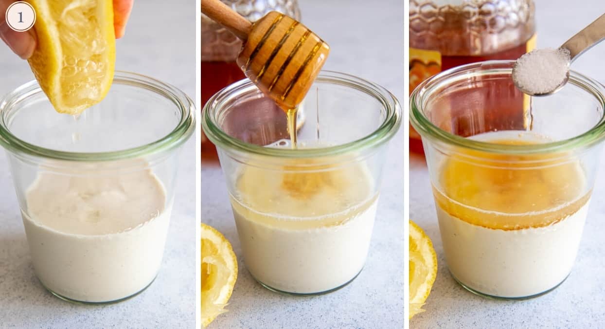 Greek Yogurt being mixed with lemon juice, salt and honey to make lemon poppy seed dressing 