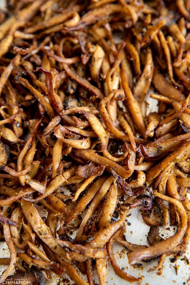 baked vegan mushroom carnitas on a baking sheet 