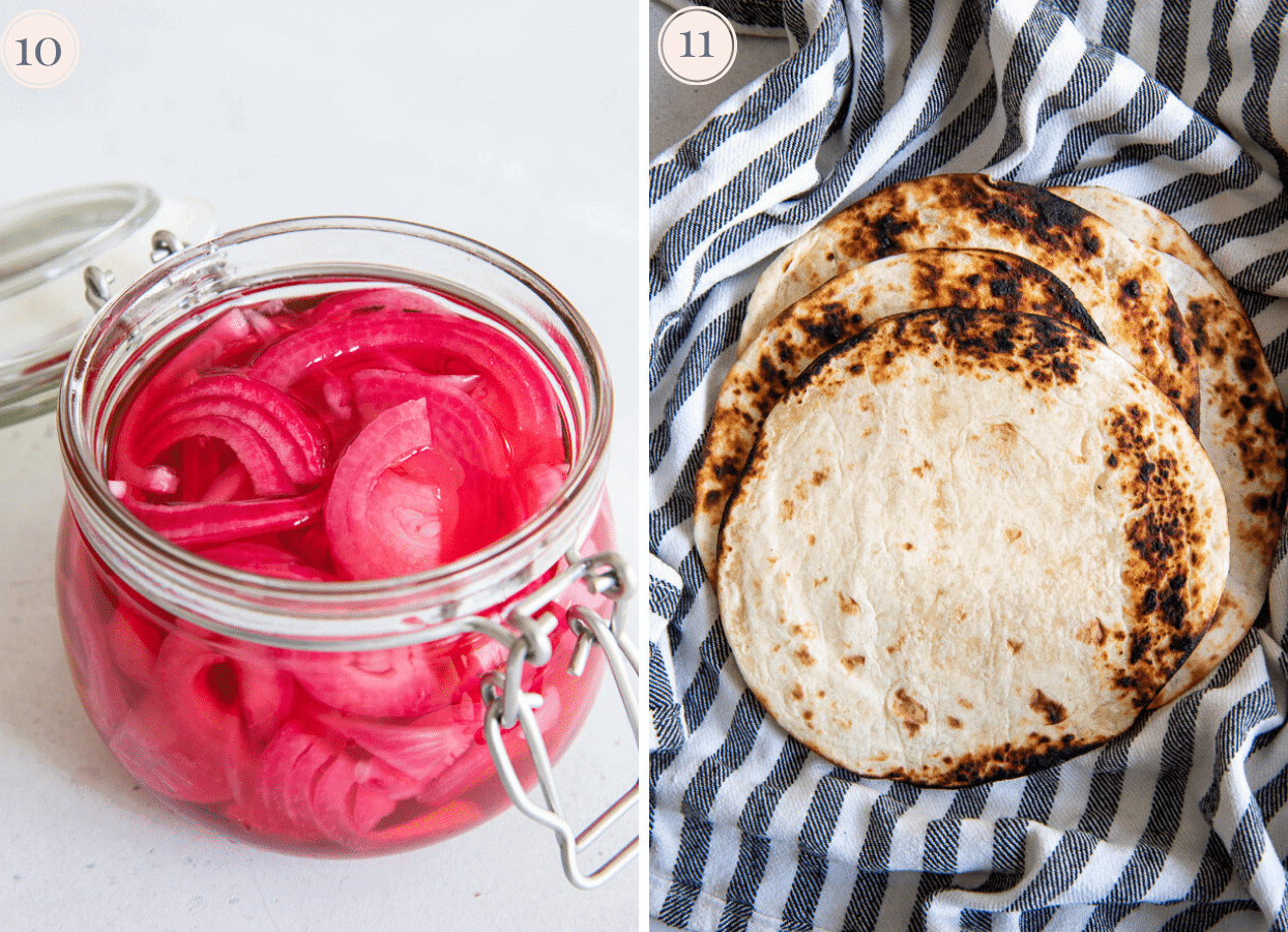 picture collage - a jar with quick pickled onions next to charred tortillas 