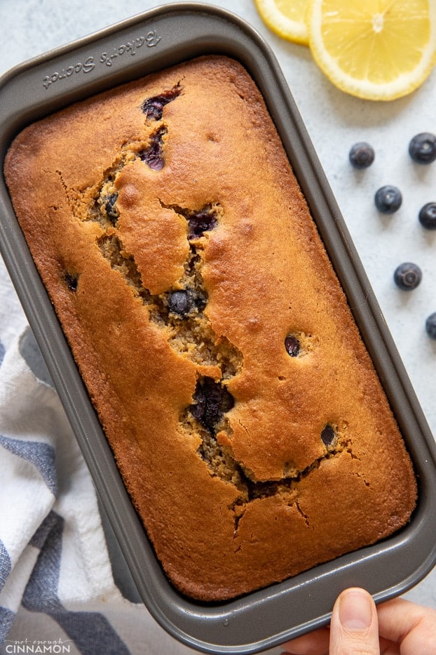 overhead shot of paleo gluten-free lemon blueberry bread in a loaf pan