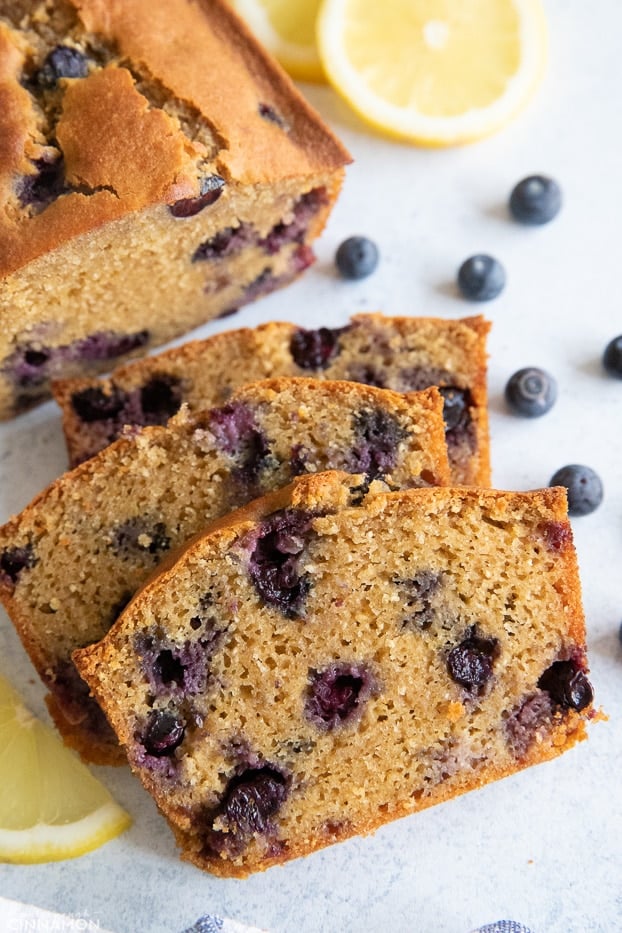 a sliced loaf of paleo almond flour lemon blueberry bread