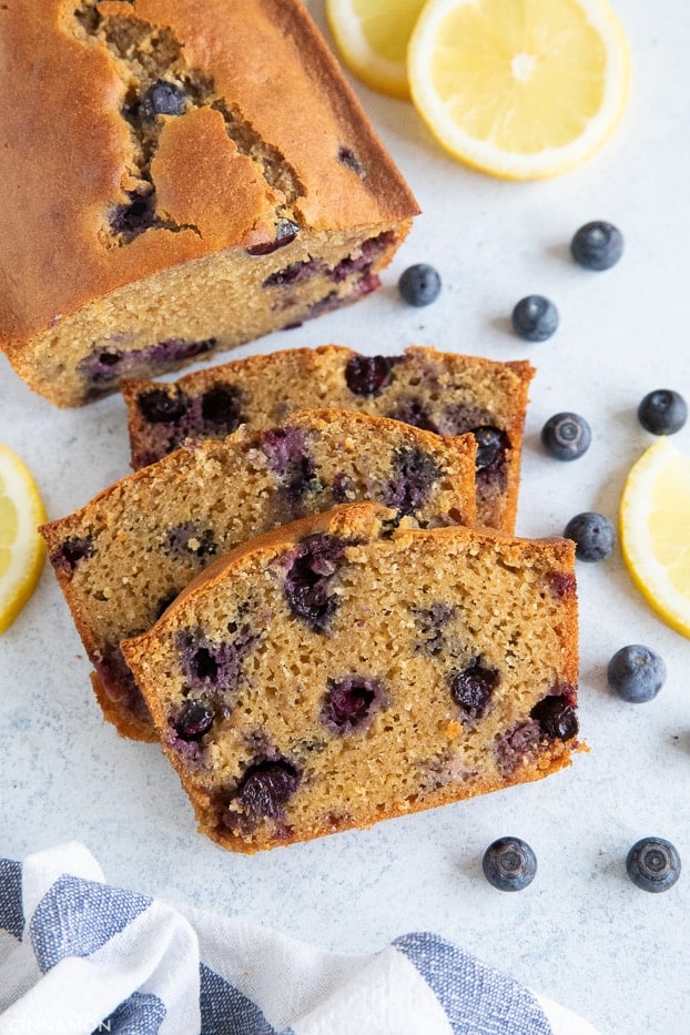 overhead shot of a sliced lemon blueberry bread 