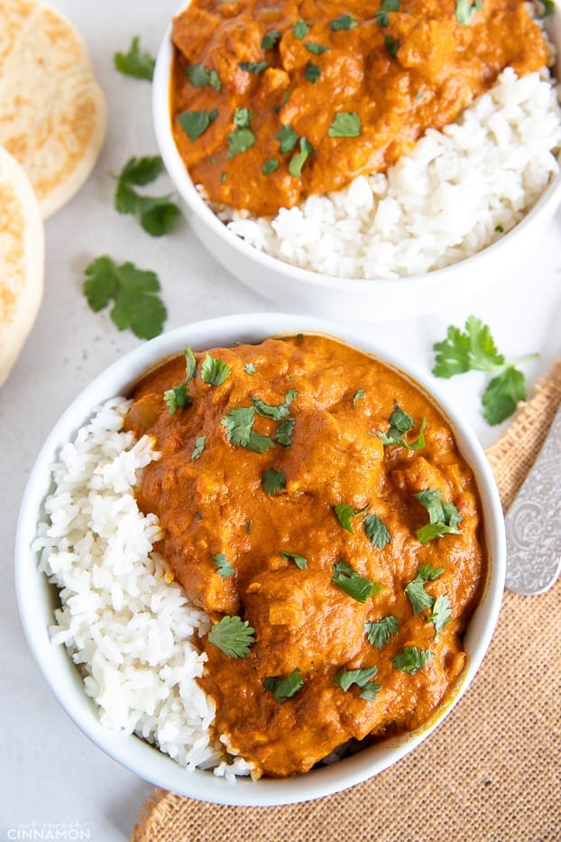 overhead shot of Indian paleo slow cooker Butter Chicken served with white rice 