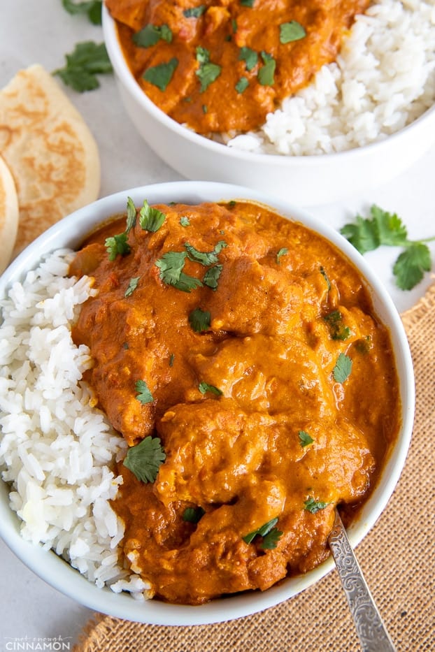 overhead shot of a serving of dairy-free paleo butter chicken made in a slow cooker 