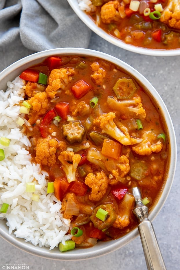 sobre cabeça shot de uma porção de Gumbo vegan da Louisiana saudável servido com arroz