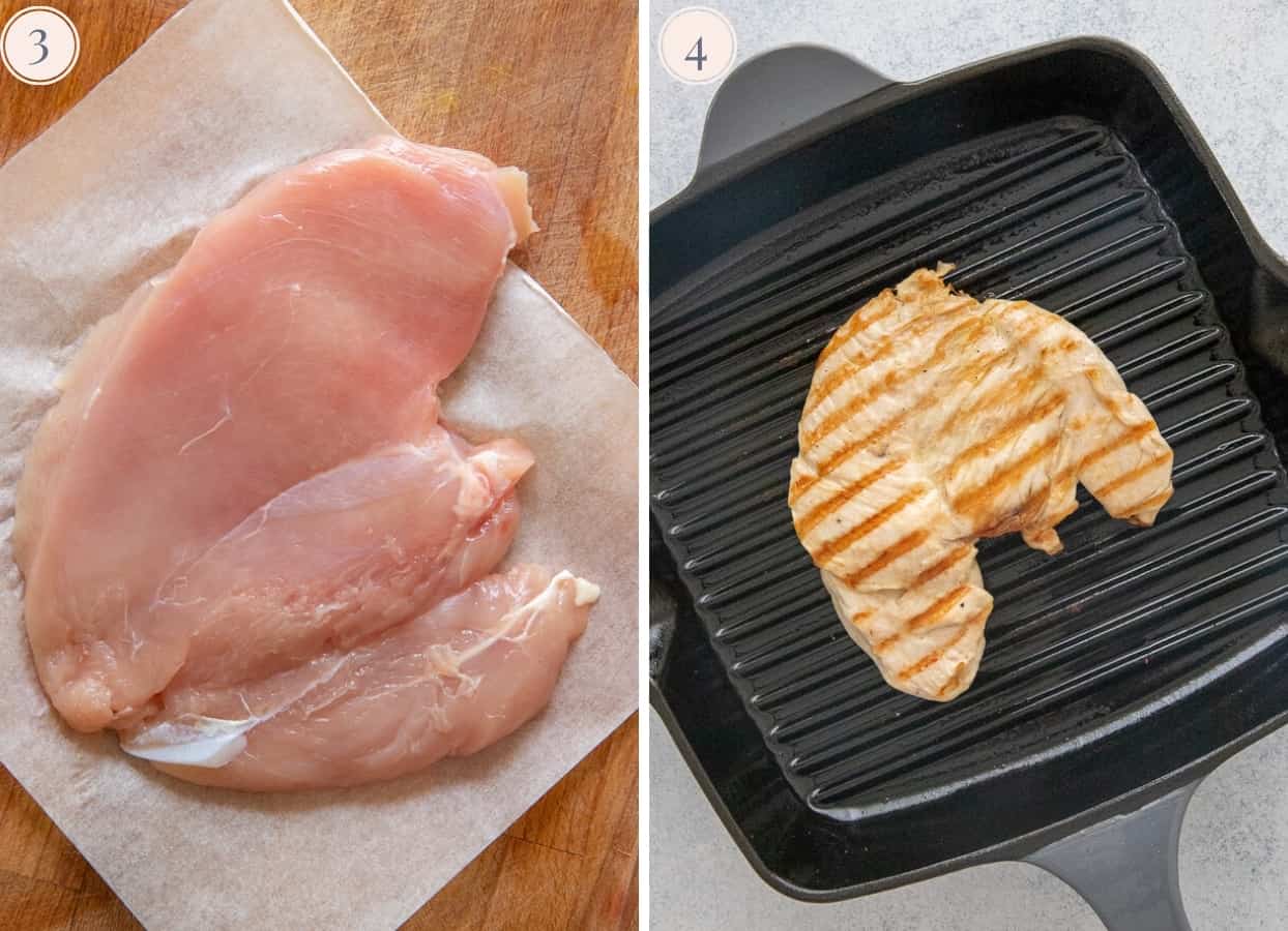 chicken being flattened and grilled in a grill pan for making a healthy chicken salad recipe