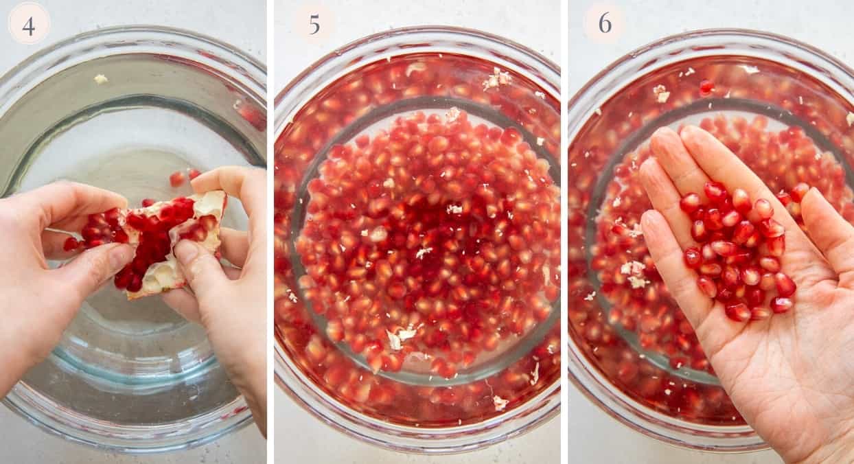 picture collage demonstrating how to deseed a quartered pomegranate without mess
