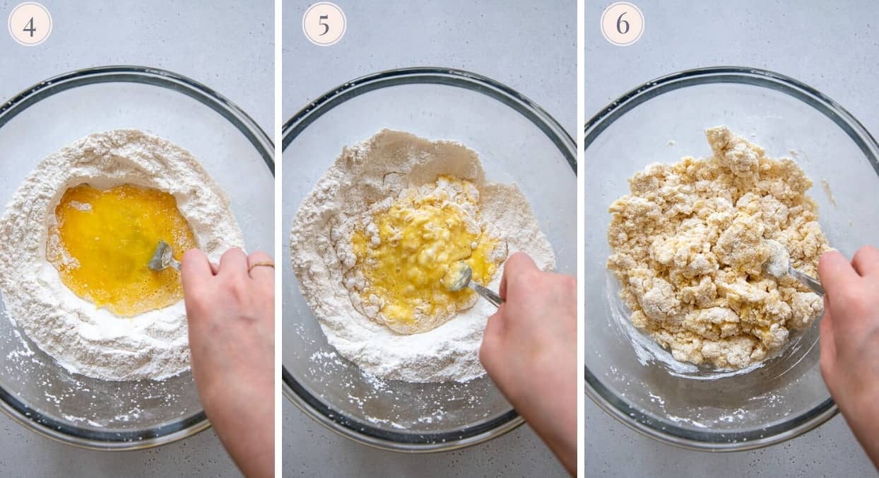 eggs being mixed into gluten-free flour mix to make paleo almond flour pizza crust