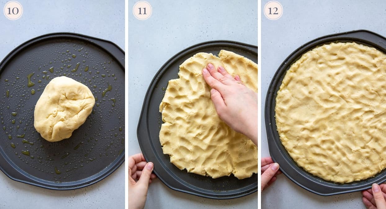 gluten-free pizza crust being pressed into a round baking dish to make healthy pizza Margherita