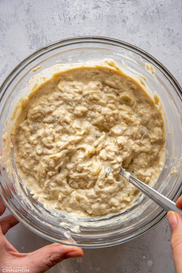 overhead shot of homemade baba ganoush in a glass bowl 