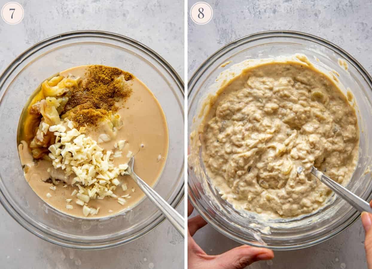 picture collage demonstrating how to combine ingredients for baba ganoush using a fork 