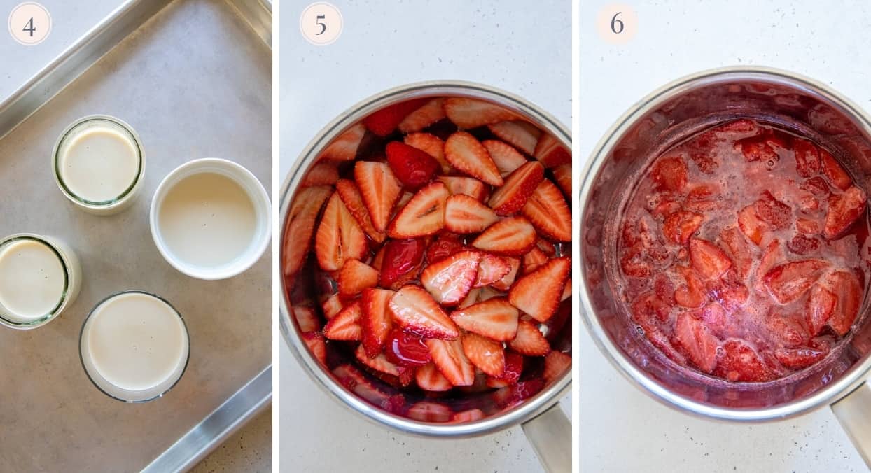 picture collage demonstrating how to make fresh strawberry honey compote as a panna cotta topping