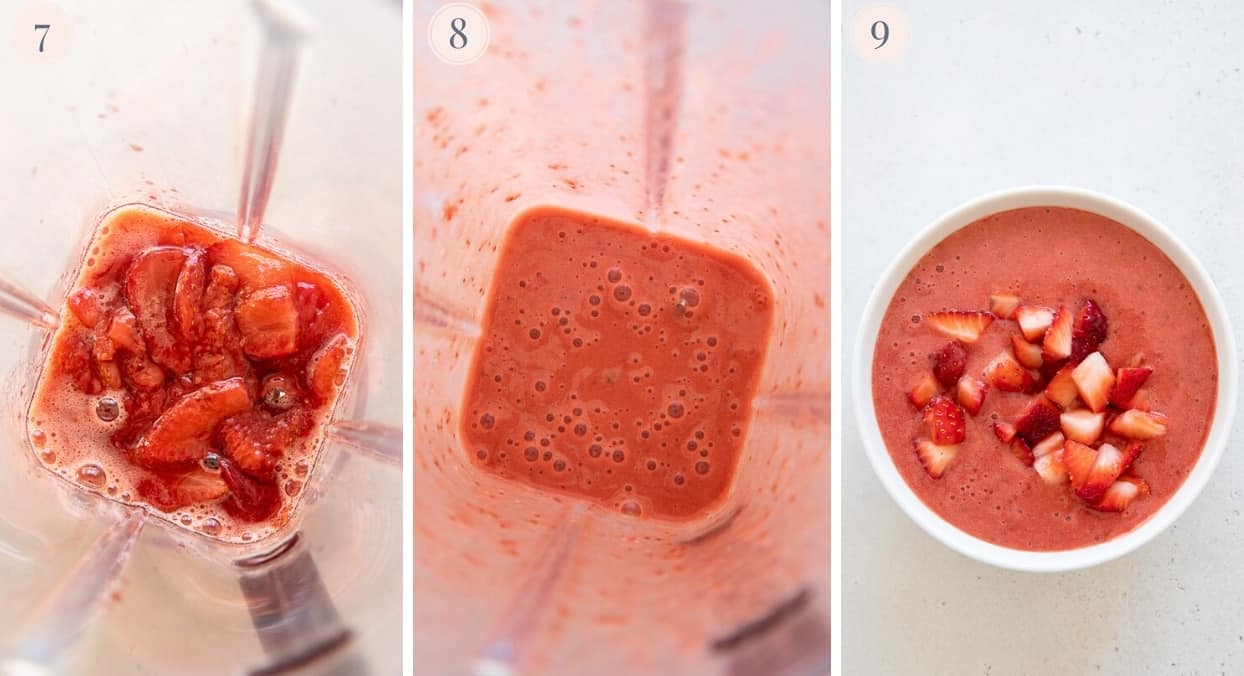 a picture collage demonstrating how to make homemade strawberry compote in a blender