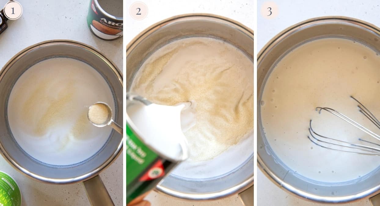 picture collage demonstrating how to bloom gelatin in coconut milk to make panna cotta